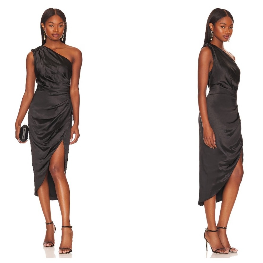 ELLIATT Cassini One-Shoulder Satin Dress Small Black Ruched Satin Cocktail